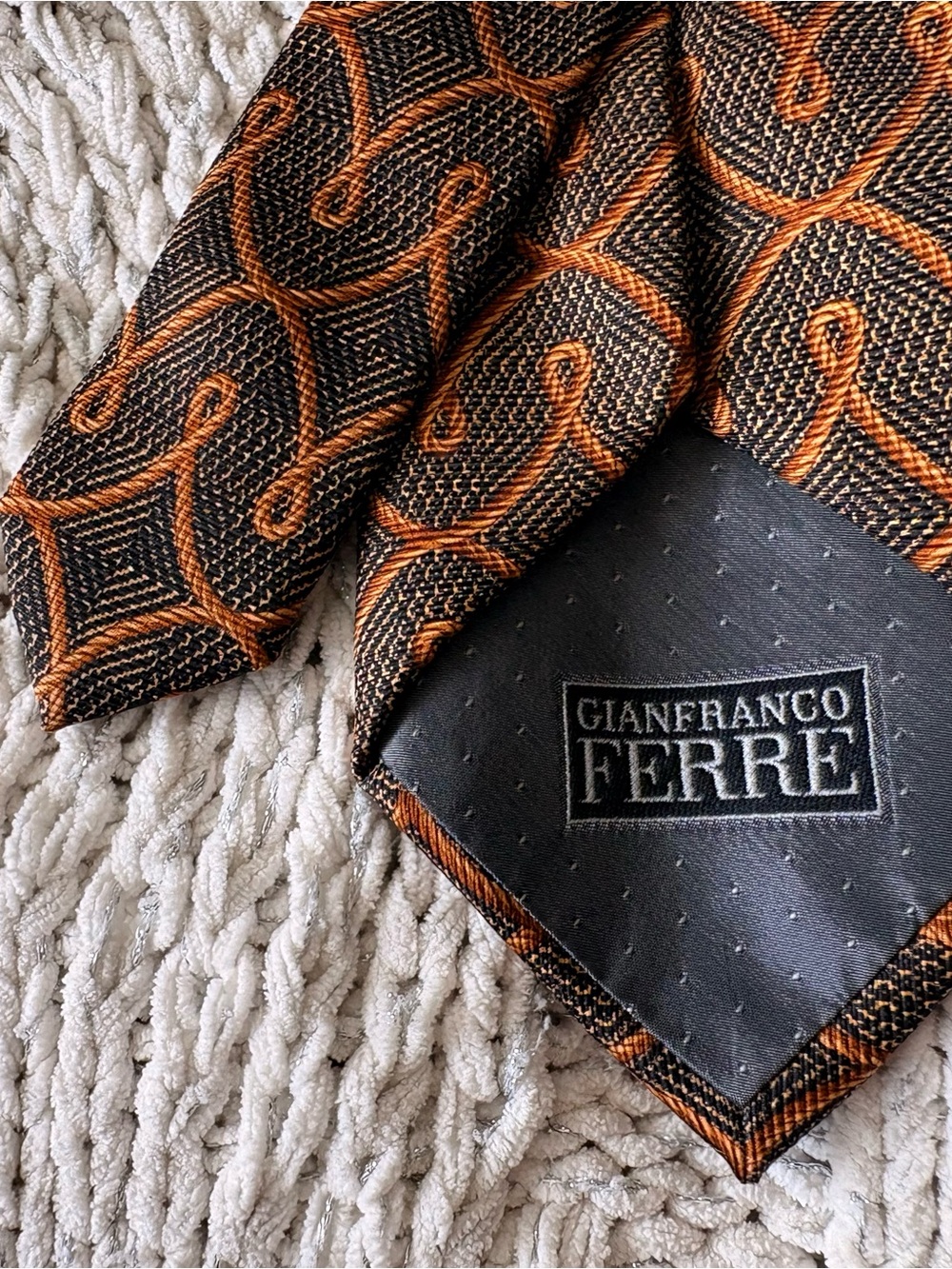 Gianfranco Ferré Italy 100% Silk Tie Orange Brown Black Geometric Paisley